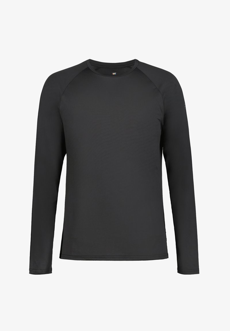 Musta pitkähihaine paita, jossa on pyöreä kaula-aukko, kevyt, sileä pinta ja raglan-hihat. Ei näkyviä kuvioita tai erikoisuuksia.