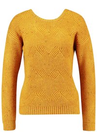 Žlutý pletený svetr s texturovaným vzorem propletených tvarů. Má kulatý výstřih a žebrované manžety a lem.