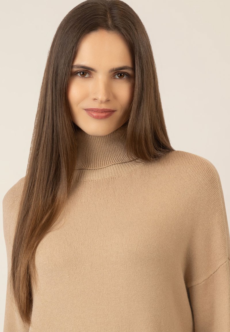 Beige Rollkragenpullover aus weichem Material, mit einem gerippten Halsauschnitt und einer lockeren Passform, einem glatten Textur und minimalen Details.