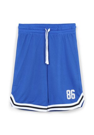 I pantaloni sportivi in mesh blu presentano un cordoncino bianco, un orlo a strisce in bianco e nero e il numero "86" stampato in bianco sulla gamba destra.