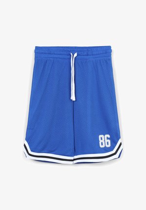 I pantaloni sportivi in mesh blu presentano un cordoncino bianco, un orlo a strisce in bianco e nero e il numero "86" stampato in bianco sulla gamba destra.