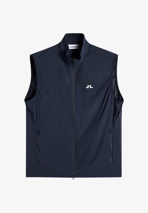 Veste sans manches bleu marine avec fermeture éclair, col haut, deux poches zippées et petit logo blanc sur la poitrine gauche.