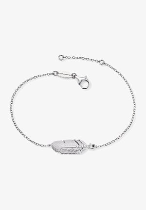 Zilveren armband met een delicate veerbedel, ingewikkelde details en een karabijnsluiting. Kettinkje met een gepolijste afwerking.