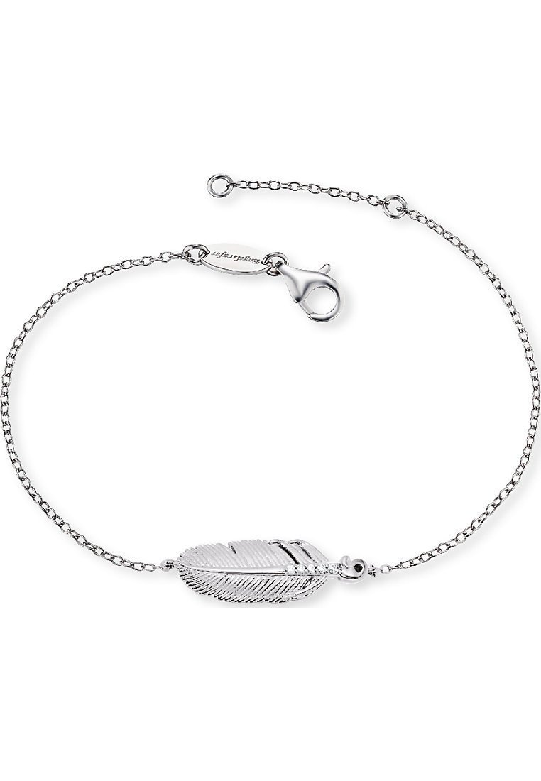 Bracciale in argento con un delicato charm a forma di piuma, dettagli intricati e chiusura a gancio. Design a catena con una finitura lucida.