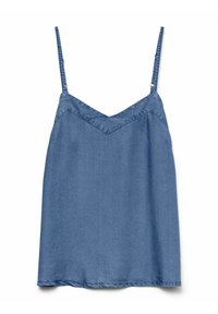 Camisole in denim con spalline sottili e regolabili, scollatura a V e colore blu uniforme, caratterizzato da una texture liscia e un orlo dritto.