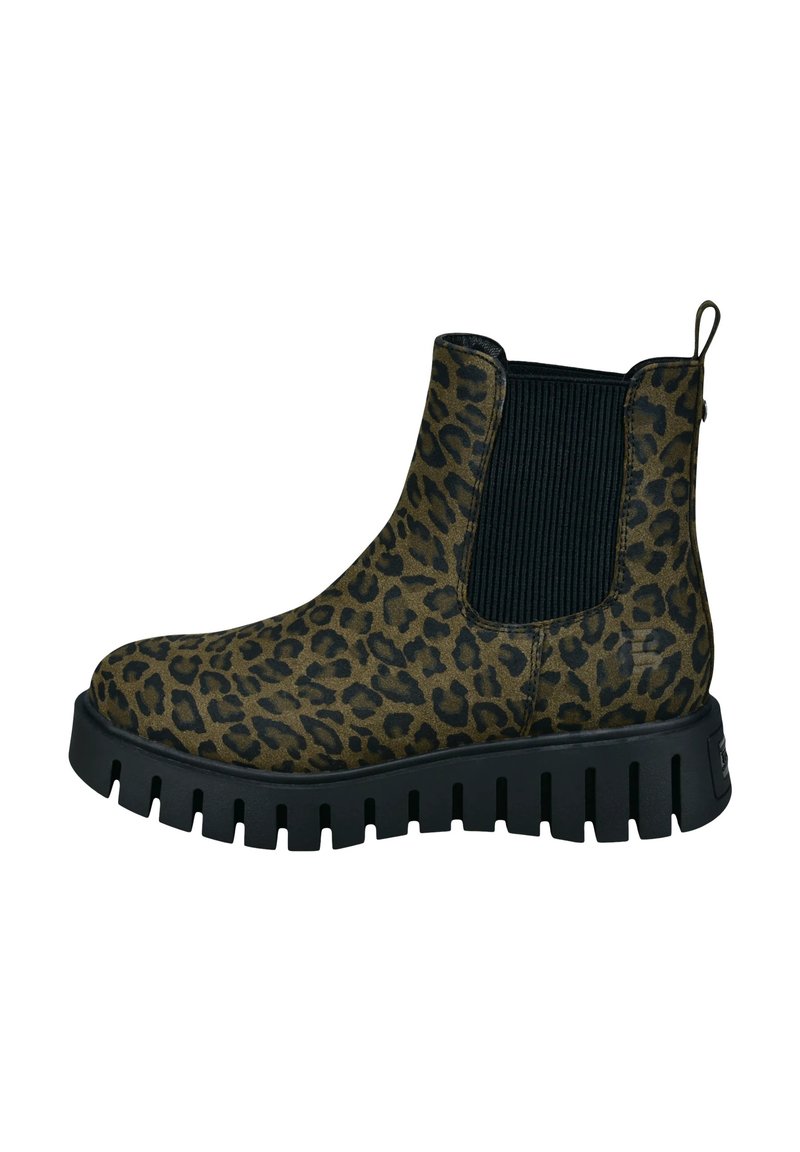 Leopardenmuster-Ankle-Boot mit einem schwarzen elastischen Seitenpaneel, strukturierter Oberfläche und klobiger schwarzer Sohle mit geriffeltem Design.