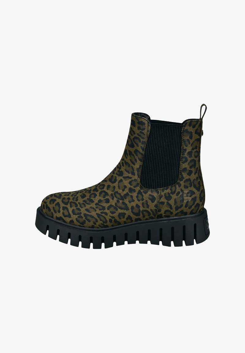 Leopardenmuster-Ankle-Boot mit einem schwarzen elastischen Seitenpaneel, strukturierter Oberfläche und klobiger schwarzer Sohle mit geriffeltem Design.