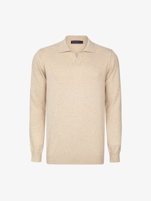 Beżowy sweter z dekoltem w serek i długimi rękawami. Wykonany z miękkiego materiału dzianinowego, zdobiony ściągaczami na dole i przy rękawach. Prosty, jednolity design.