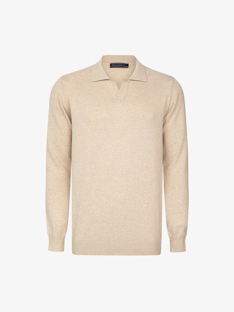 Beige pullover-sweater, mille v-kaeluse ja pikkade varrukatega. Valmistatud pehmest kudumist, millel on soonikserv ja varrukate soonikud. Lihtne, ühtlane disain.