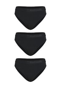 Culottes taille haute en coton noir, avec une ceinture élastique douce ornée du logo gris « Modibodi », proposées par lot de trois.