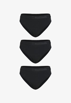 Schwarze Baumwollunterwäsche mit einem breiten Bund, der das Logo "Modibodi" trägt. Mittlere Bundhöhe mit glatter Textur und minimalen Nähten.