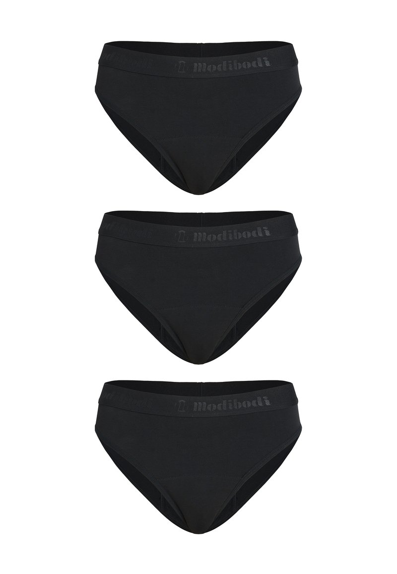 Culottes taille haute en coton noir, avec une ceinture élastique douce ornée du logo gris « Modibodi », proposées par lot de trois.