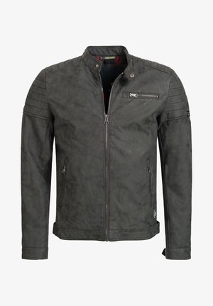 Giacca in pelle grigia scura con chiusura a zip, dettagli a coste sulle spalle, tasche laterali e finitura testurizzata. Presenta un rivestimento interno in contrasto.