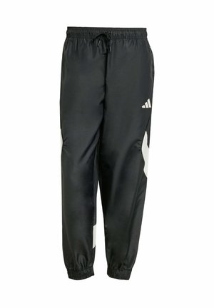 Sorte sportsbukser med elastisk talje, justerbar snor og hvide sideaksenter. Fremstillet af glat, let materiale.