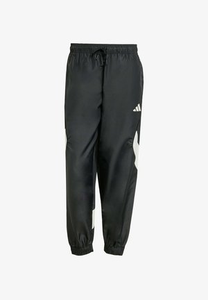 Black athletic trousers with an elastic waistband, adjustable drawstring, and white side accents. Made of smooth, lightweight material.