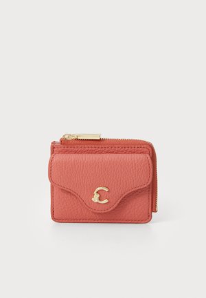 Coral leather wallet with a textured finish, featuring a flap closure, gold hardware, and a zippered compartment. Compact and rectangular shape.