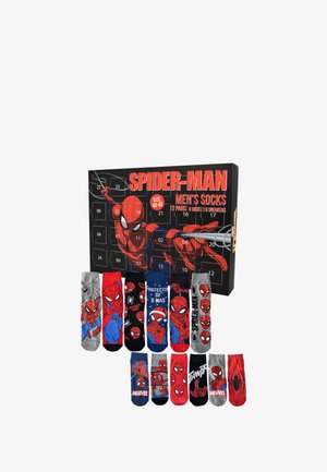 Spider-Man men's sock set in a black box featuring 12 pairs with various designs, colors include red, gray, blue, and black, cotton material.