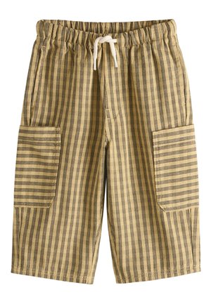 Beige og sortstribede shorts til knæet med elastisk taljebånd, hvid snor og store lappelommer på begge sider.