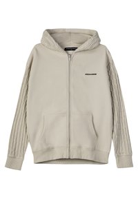 Smėlio spalvos užtrauktuku užsegama džemperis su tekstūriniu, raukšlėtu dizainu ant rankovių, kengūros tipo kišene ir siuvinėtu logotipu ant krūtinės. Minkšta medžiaga.