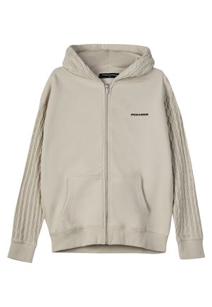 Beige ζακέτα με φερμουάρ και υφή, ριγωτό σχέδιο στα μανίκια, καγκουρό τσέπη και κεντητό λογότυπο στο στήθος. Μαλακό ύφασμα.