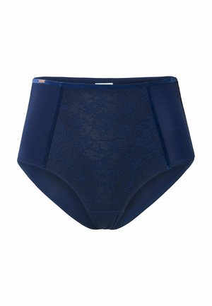 Marineblauwe hoge briefs met een kantoverlay aan de voorkant, gladde zijpanelen en een contrasterende tailleband. Rekbare stof zorgt voor comfort.
