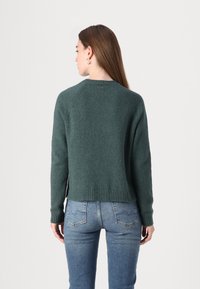 Pull en tricot vert avec une texture douce, col rond et poignets côtelés. Le dos présente un petit logo près du col. Associé à un jean bleu.