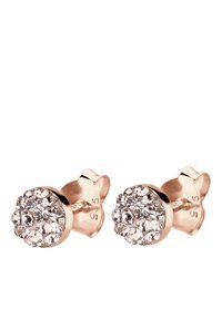 Boucles d'oreilles en or rose avec des cristaux ronds et transparents disposés en un motif floral, marquées d'un poinçon 925 au dos pour authentification.