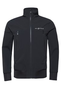 Svart seglarjacka tillverkad av mjukt softshell-material. Har en ståkrage, framslutning med dragkedja, två fickor med dragkedja och elastiska manschetter.