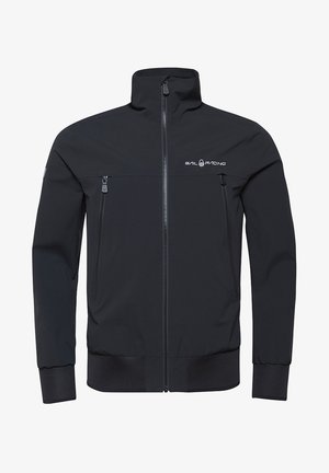 Svart seglarjacka tillverkad av mjukt softshell-material. Har en ståkrage, framslutning med dragkedja, två fickor med dragkedja och elastiska manschetter.
