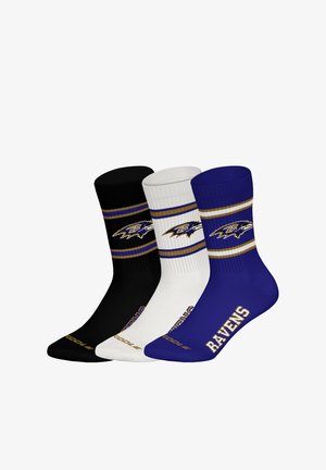 Three pairs of athletic socks: black with gold and purple stripes, white with gold and purple stripes, and blue with white text "RAVENS."