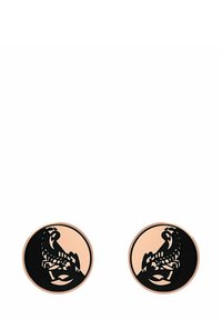 Zwarte en roségouden ronde oorbellen met een schorpioenontwerp, voorzien van een glad zwarte oppervlakte en contrasterende metalen accenten.