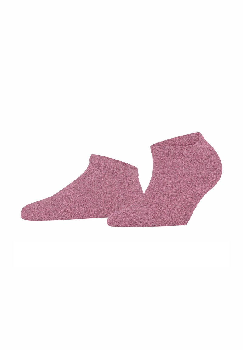 Chaussettes de cheville roses en tissu texturé, avec un design sans couture et des bords côtelés. La paire présente une forme de pied arrondie et une légère brillance.