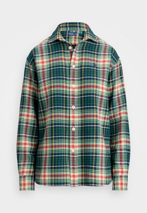 Chemise à manches longues avec un motif écossais vert, marine, blanc, orange et jaune, col étalé et petit logo brodé sur la poitrine.