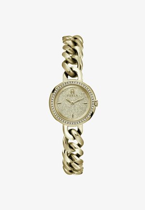 Zlatý hodinky s texturovaným kulatým ciferníkem, obklopeným řemínkem zdobeným krystaly a masivním nerezovým náramkem.