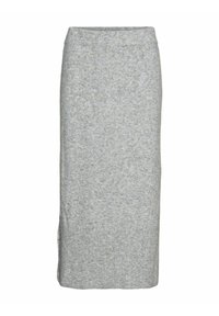 Jupe tricotée grise de longueur mi-mollet avec une texture unie, dotée d'une taille côtelée et d'une fente latérale pour faciliter les mouvements.