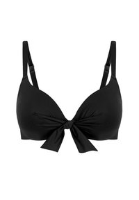 Czarny stanik z węzłowym przodem, z wyprofilowanymi miseczkami, regulowanymi ramiączkami i gładką fakturą materiału. Prosty i uniwersalny design.