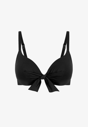 Czarny stanik z węzłowym przodem, z wyprofilowanymi miseczkami, regulowanymi ramiączkami i gładką fakturą materiału. Prosty i uniwersalny design.