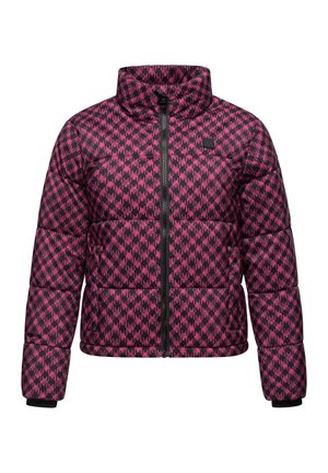 Giacca a vento con colletto alto, caratterizzata da un motivo houndstooth nero e rosa, chiusura frontale con zip e polsini a costine neri.