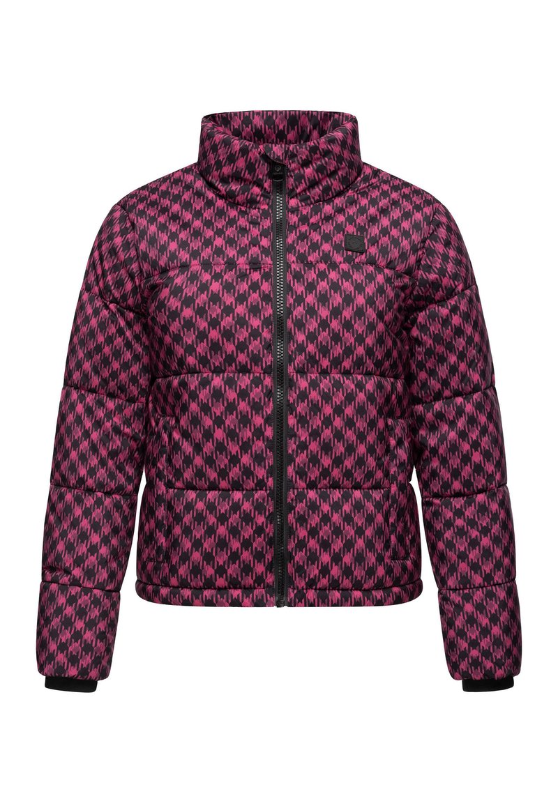 Pufferjack met hoge kraag, voorzien van een zwart en roze houndstooth patroon, ritssluiting aan de voorkant en zwarte ribboorden.
