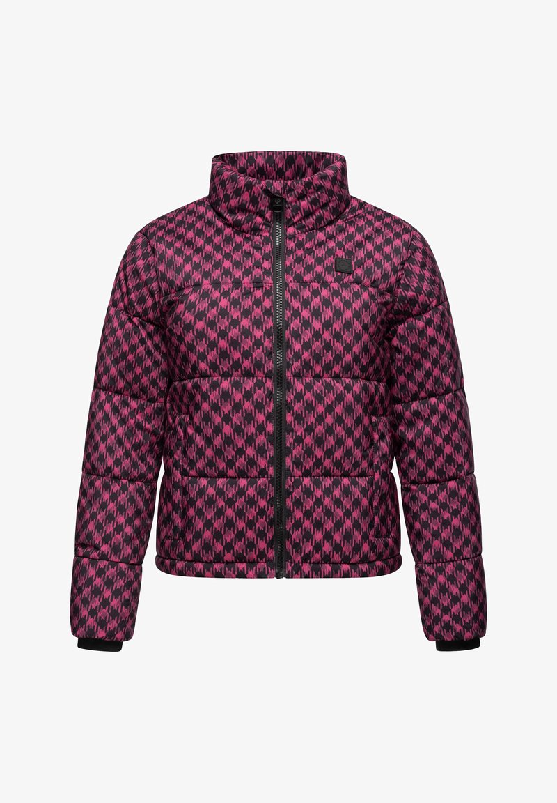 Puffer jacket with a high collar, featuring a black and pink houndstooth pattern, zip front closure, and black ribbed cuffs.