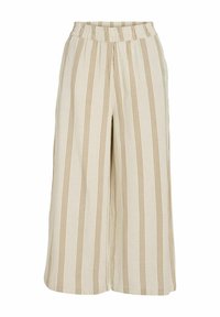 Platas kājas bikses, kas izgatavotas no gaiši bežīgas auduma ar vertikālām brūnām svītrām. Elastīgs jostasvieta ar gludu tekstūru, kas nodrošina komfortu.