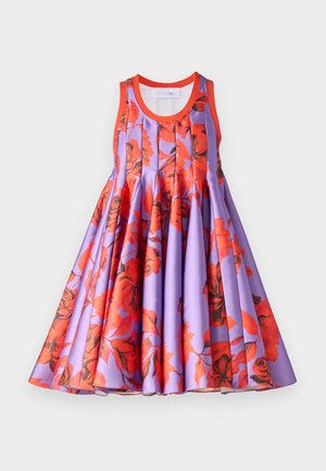 Floral dress with red and black rose patterns on a lavender background. Sleeveless design features pleated skirt and contrasting red neckline.