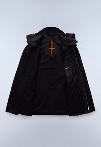 Black waterproof jacket open to show mesh interior lining, adjustable waist cord, interior zipper pocket, and orange hanging loop.