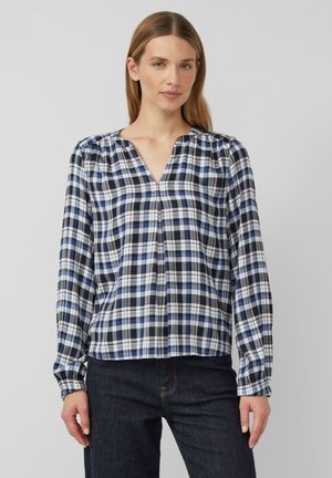 Blau- und schwarze karierte Bluse mit V-Ausschnitt, langen Ärmeln und gerafften Schultern, aus leichtem Stoff gefertigt.