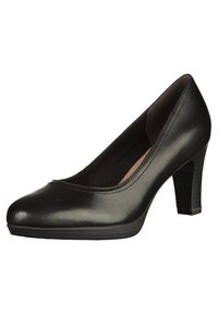 Pompe à talons aiguilles en cuir noir avec un bout rond, texture lisse et semelle intérieure rembourrée. Elle présente un talon carré de 3 pouces et des détails de couture subtils.