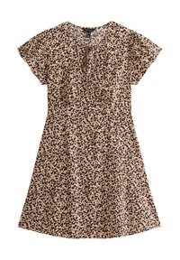 Abito a stampa leopardo in beige e nero, con maniche corte, scollatura rotonda e una vestibilità rilassata con un torso cintrado.