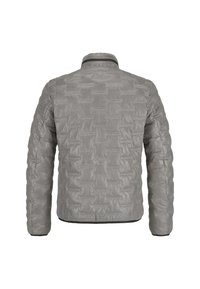 Grau gepolsterte Jacke mit gestepptem Muster, einfachem Kragen und schwarzem Saum, der auf der Oberfläche eingeprägte Muster aufweist.