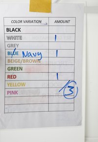 Διάγραμμα παραλλαγών χρωμάτων με τις επιλογές Μαύρο, Λευκό, Γκρι, Μπλε/Σκούρο Μπλε, Μπεζ/Καφέ, Πράσινο, Κόκκινο, Κίτρινο, Ροζ με χειρόγραφες ποσότητες συνολικά 3.