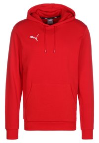 Rode hoodie van zacht materiaal, met een kangoeroezak, verstelbare trekkoordcapuchon en een klein wit Puma-logo op de borst.