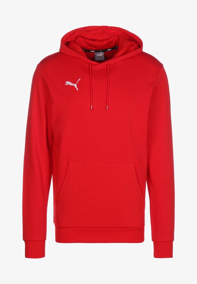 Czerwona bluza z kapturem z miękkiego materiału, z kieszenią kangurką, regulowanym kapturem na sznurku oraz małym białym logo Puma na piersi.